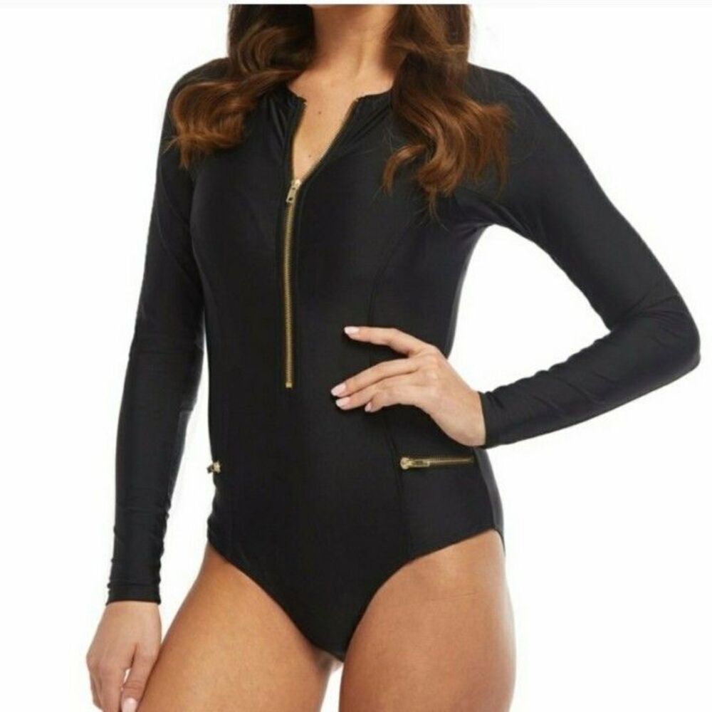 Cabana Life Black Long Sleeve Zip Front One-Piece Swimsuit Gold Unisuit SPF L